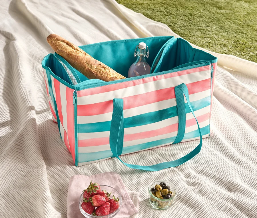 Pikniková deka s pruhovanou chladiacou taškou, bagetou, fľašou vody, jahodami a olivami.