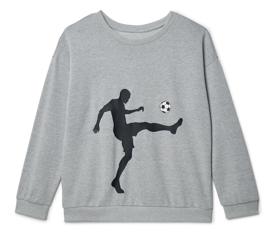 Sivá mikina so siluetou futbalistu kopajúceho loptu.