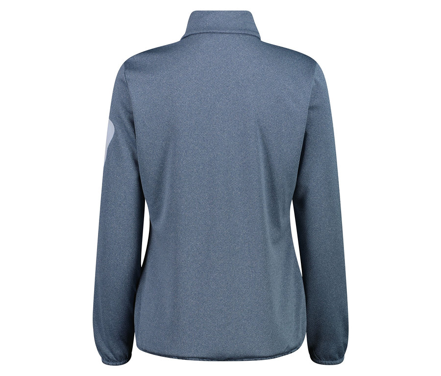 Pohľad zozadu na modro-sivú fleecovú bundu na zips.