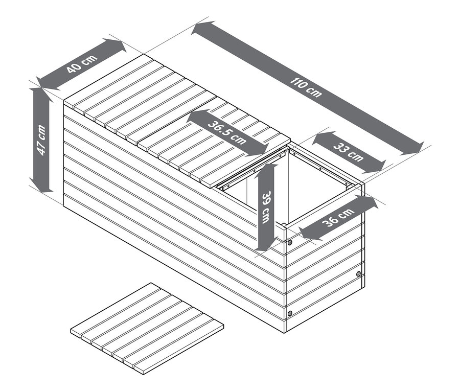 Pohľad zhora na zmontovaný obdĺžnikový drevený kvetináč s rozmermi 110 cm dĺžka, 40 cm šírka a 47 cm výška.