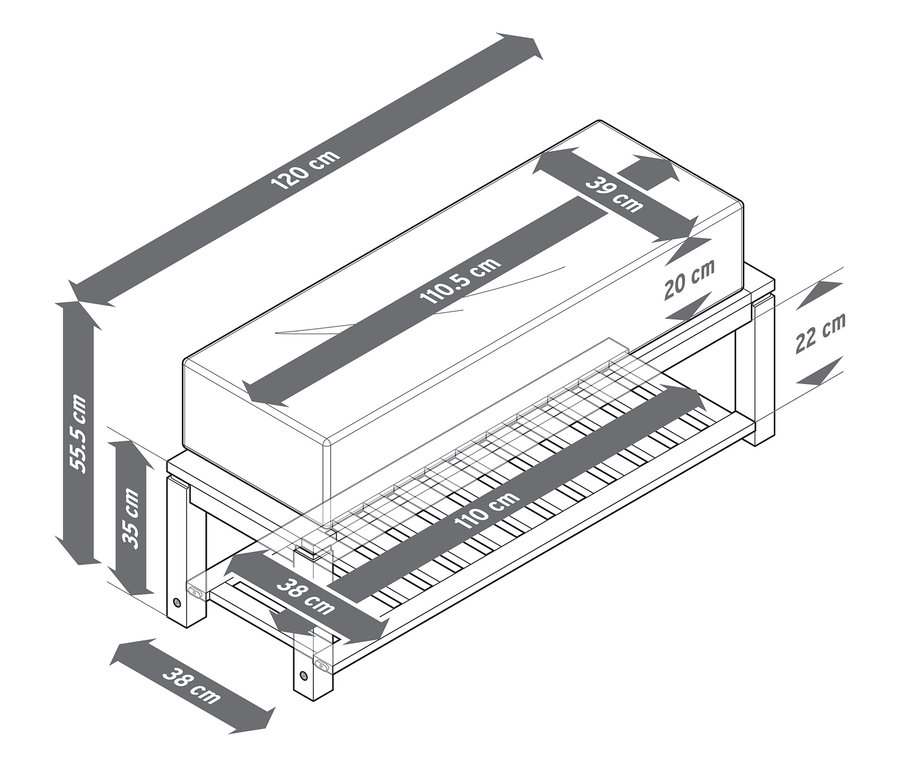 Schematický nákres plážového kresla prémiovej kvality so strieškou na ochranu pred slnkom s rozmermi.