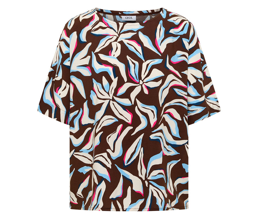 Detail blúzky s krátkymi rukávmi CECIL s hnedým základom a modro-bielo-ružovým kvetinovým vzorom.