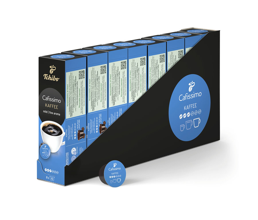 Rady balení Cafissimo Kaffee mild. Vpredu leží kapsula.