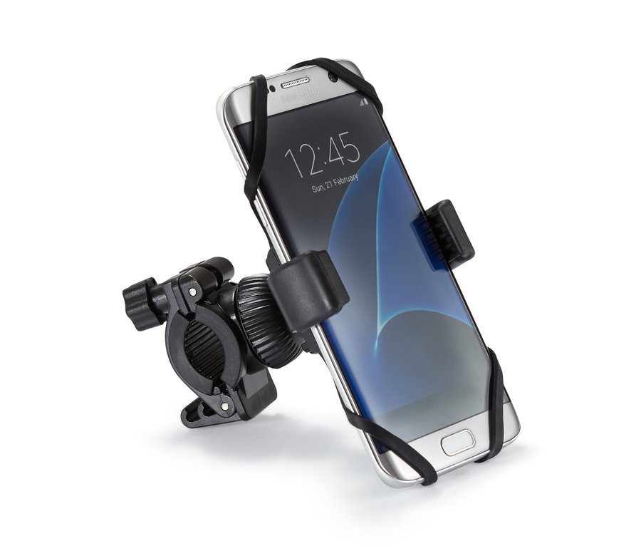 Čierny držiak na smartfón na bicykel so smartfónom Samsung.