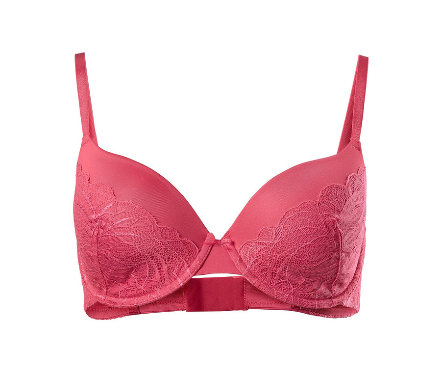 Ružová podprsenka s košíčkami na bielom pozadí.