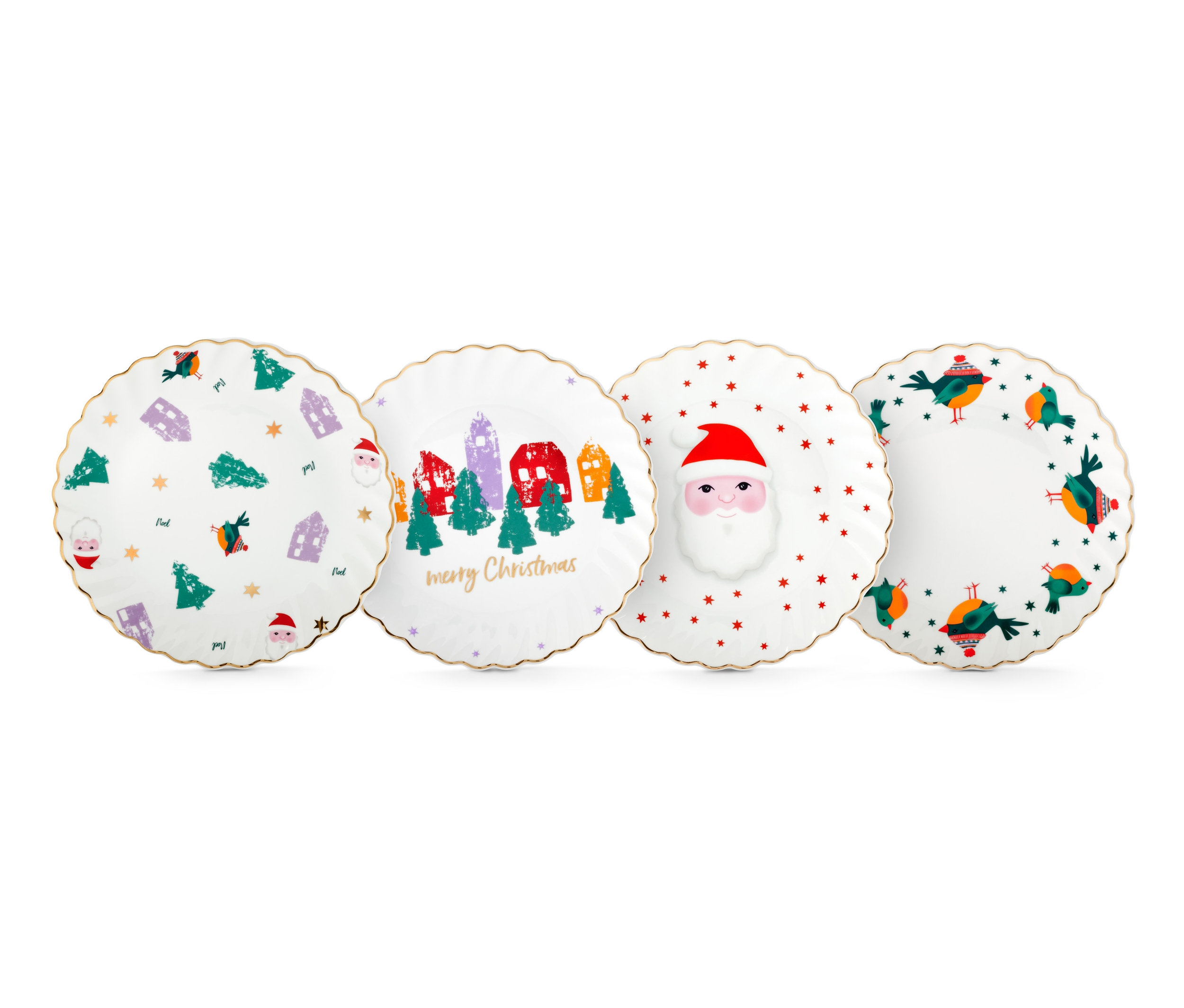 Štyri dezertné taniere so zlatým dekorom.