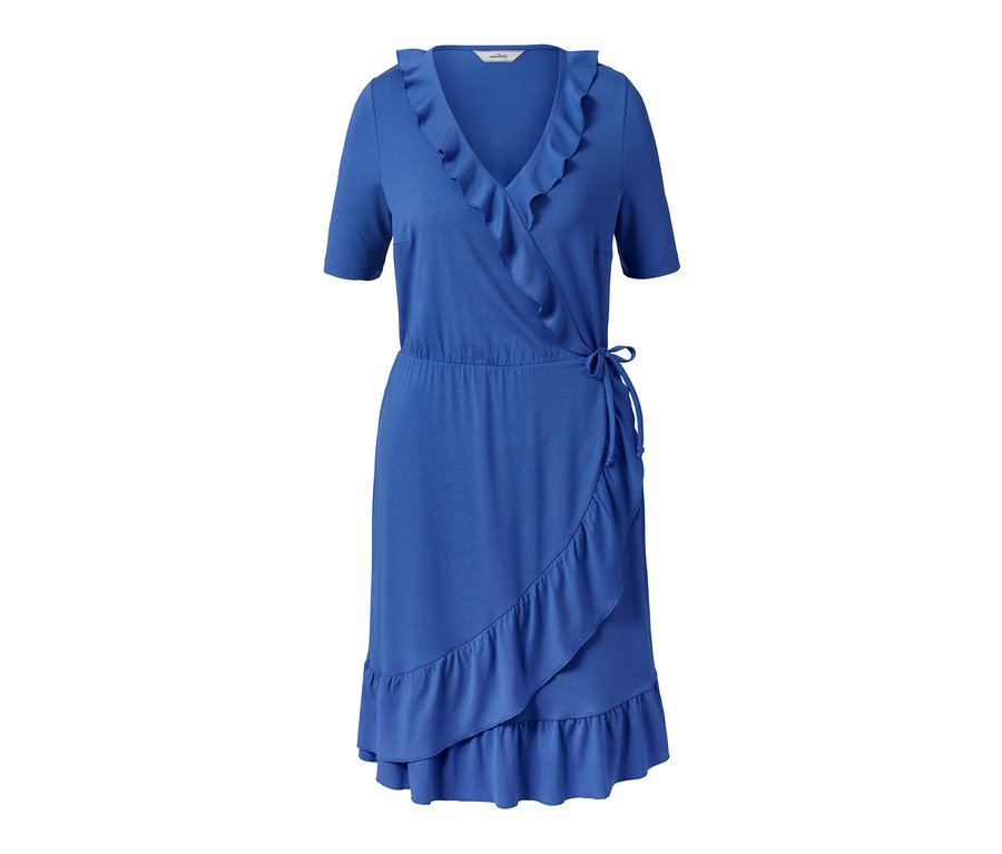 Modré džersejové šaty v zavinovacom vzhľade s volánmi.