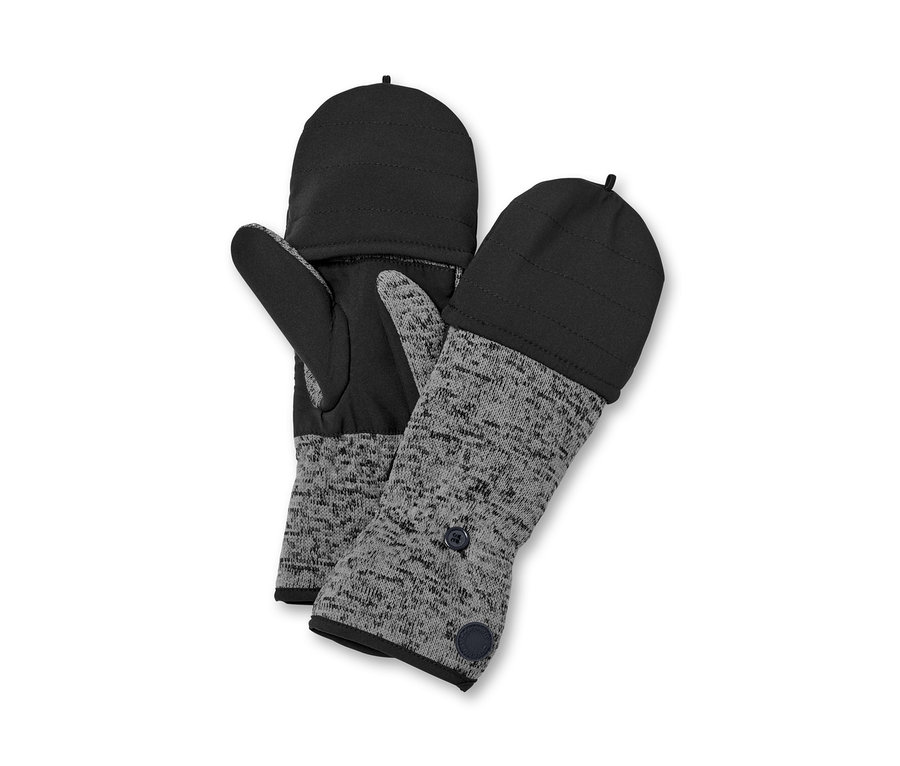 Dve odklápacie rukavice z pleteného flísu ležia na sebe.