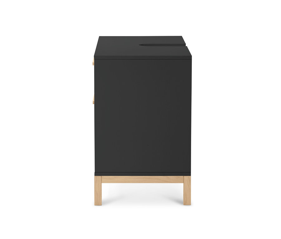 Bočný pohľad na čiernu skrinku pod umývadlo Eklund s 2 zásuvkami.
