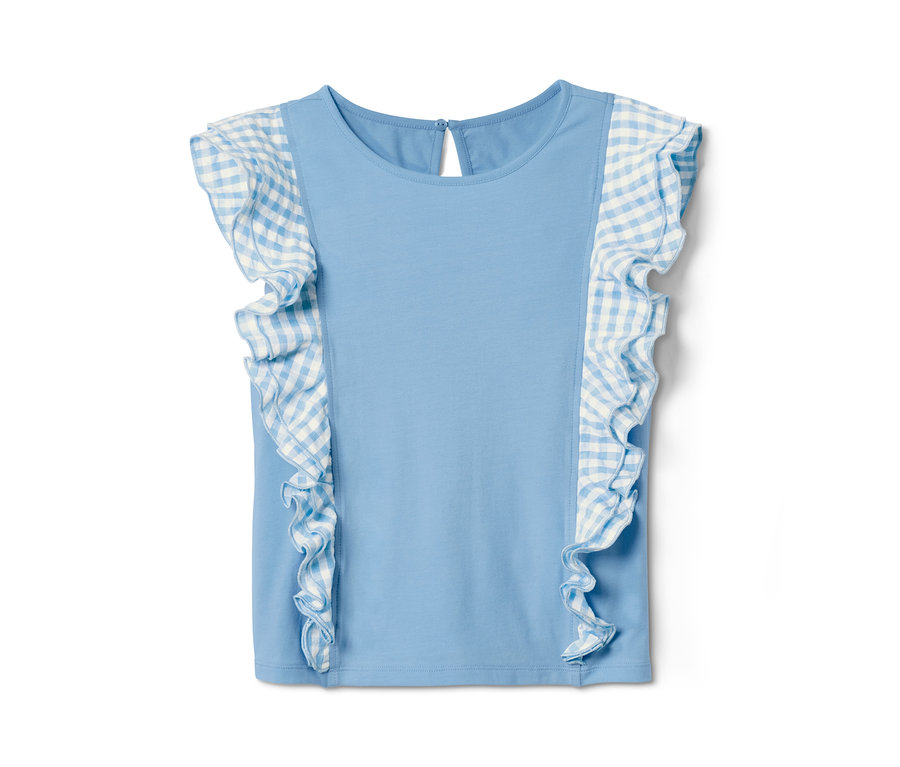 Modré tričko z biobavlny s kockovanými volánmi.