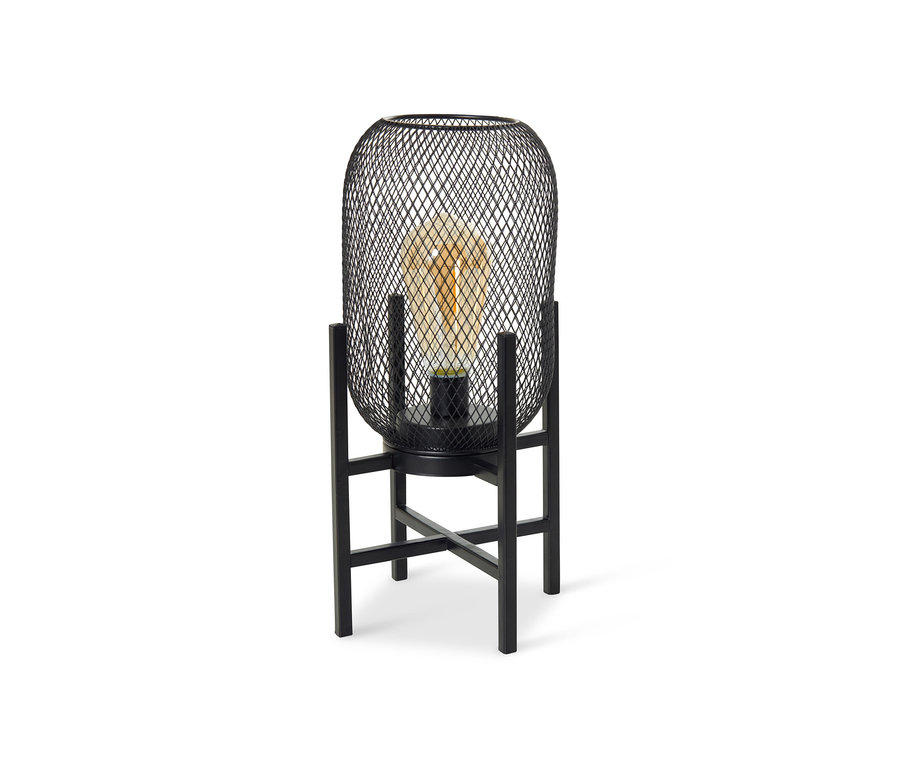 Čierna outdoorová stolová lampa s LED na bielom pozadí.