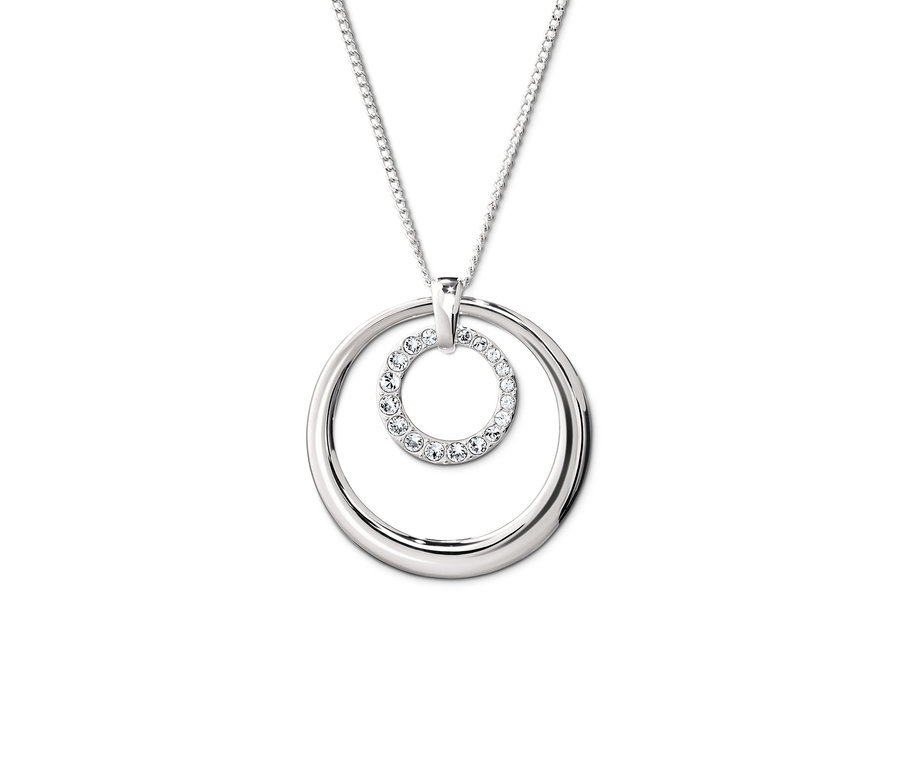 Strieborná retiazka s príveskom, ktorý má dva kruhy, jeden vo vnútri druhého. Menší kruh je zdobený kryštálmi od Swarovski®.