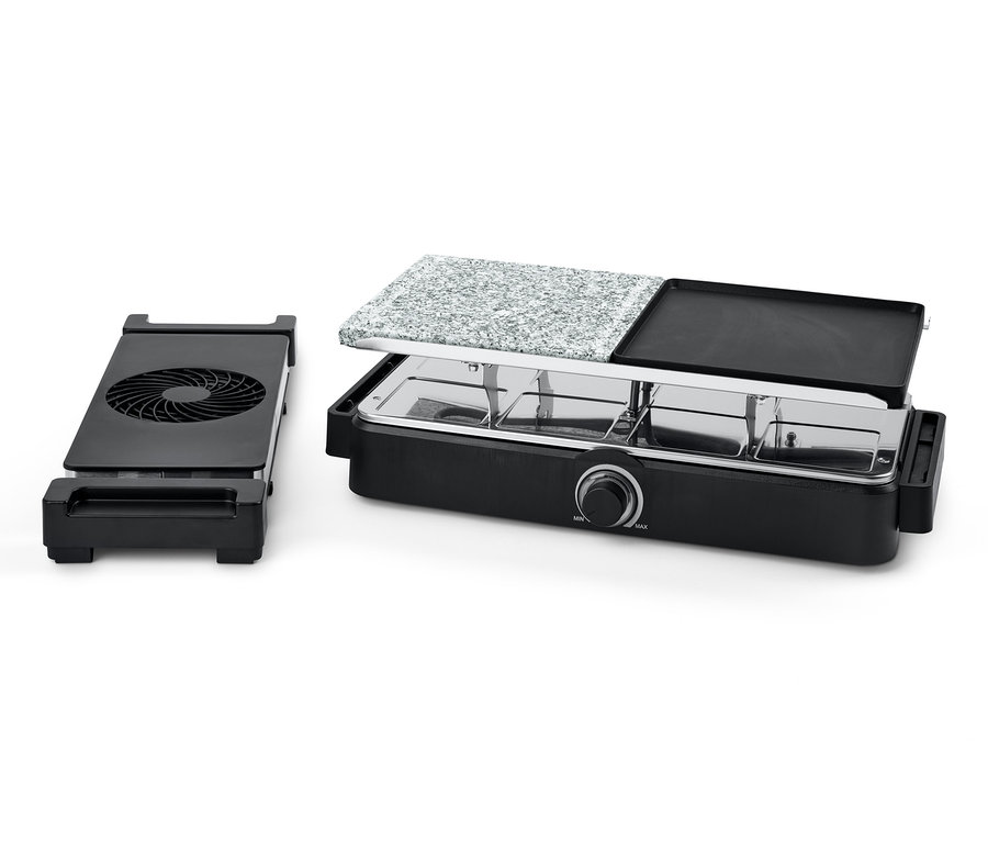Čierny raclette gril Trebs s odsávačom pár a kamennou doskou »15100« na bielom pozadí.