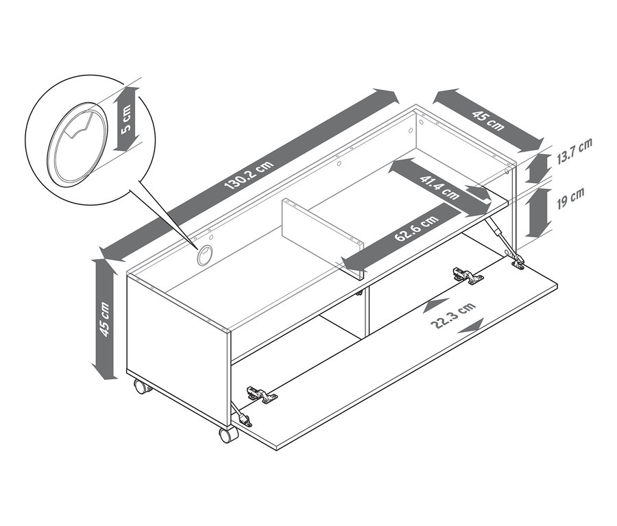 Nákres skrinky pod televízor s kolieskami a rozmermi.