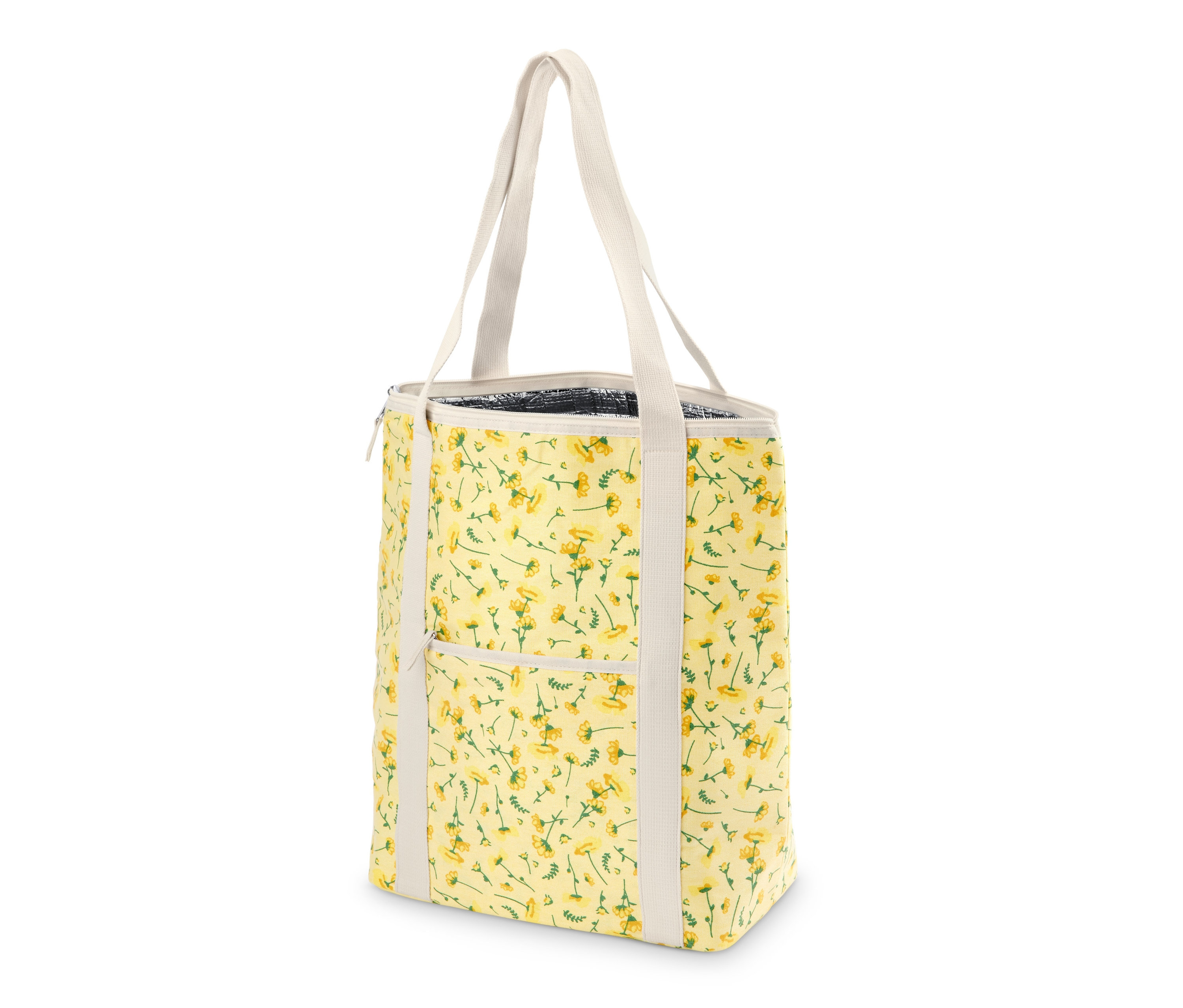 Žltá chladiaca taška s kvetinovým vzorom a bielymi uchami.