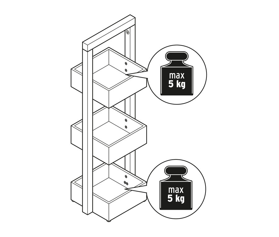 Nákres stojaceho regálu s 3 úložnými boxmi, antracitového.