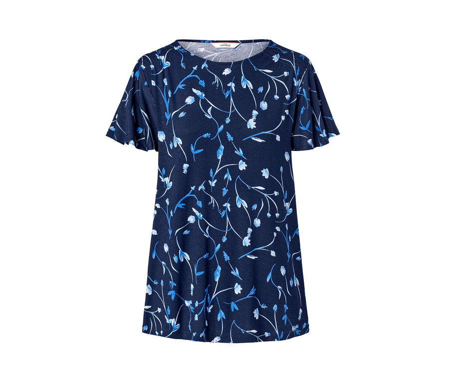 Tmavomodré blúzkové tričko s krídelkovými rukávmi a kvetinovou potlačou.