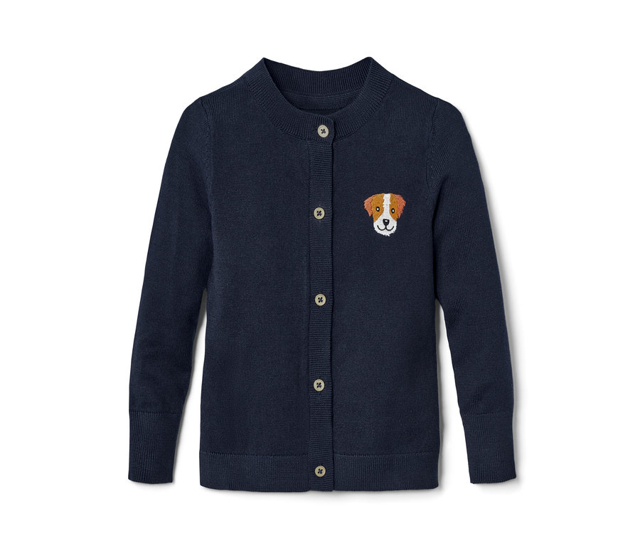 Tmavo modrý detský pletený sveter s výšivkou psacej hlavy a gombíkmi.