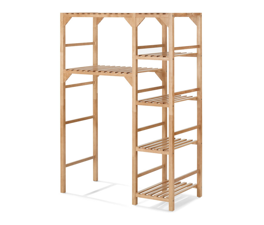 Drevený regál s priestorom na pračku s bočným prvkom a niekoľkými policami.