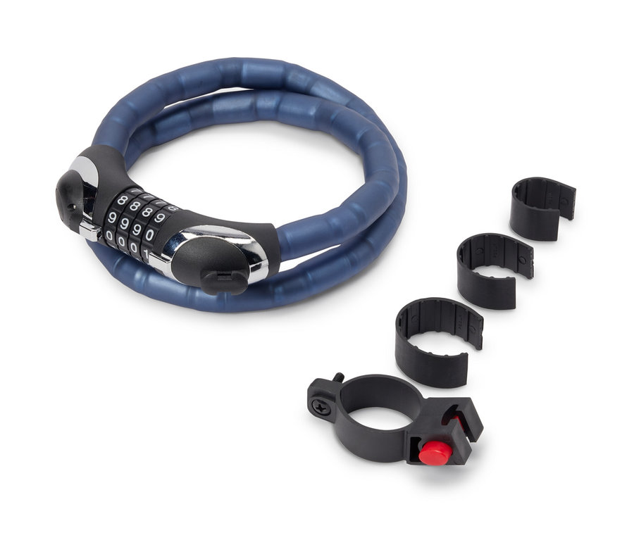 Modrý pancierový káblový zámok s LED a držiakom.