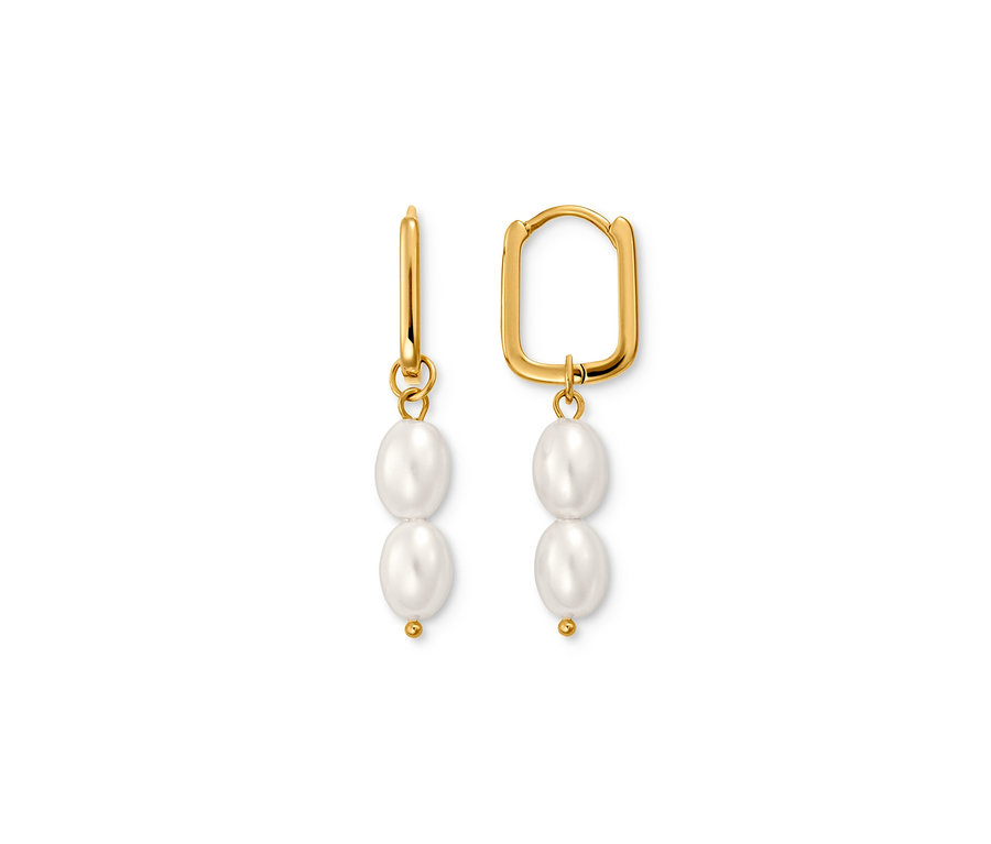 Dvoje zlaté visiace náušnice so slučkou a perlami.