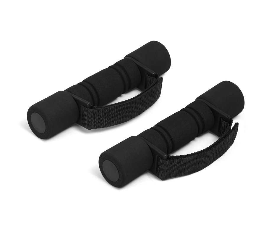 Dve čierne bežecké a gymnastické činky ležia na bielom pozadí.