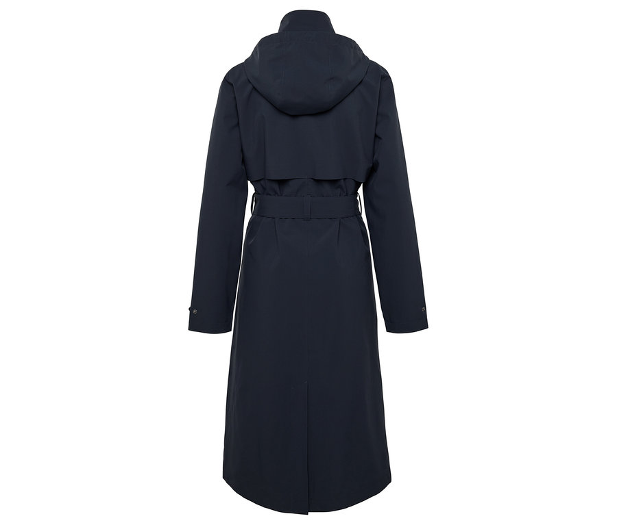 Tmavo modrý kabát s kapucňou a opaskom, pohľad zozadu.