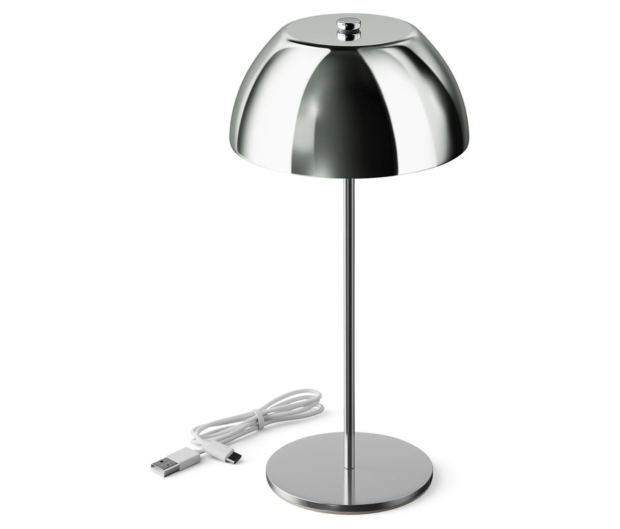 Strieborná lampa s okrúhlym tienidlom a USB káblom.