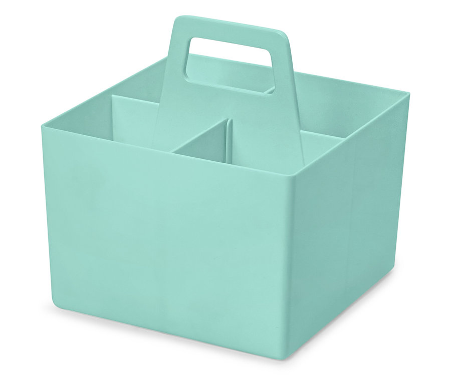 Svetlomodrý plastový úložný box s rúčkou a štyrmi priehradkami.