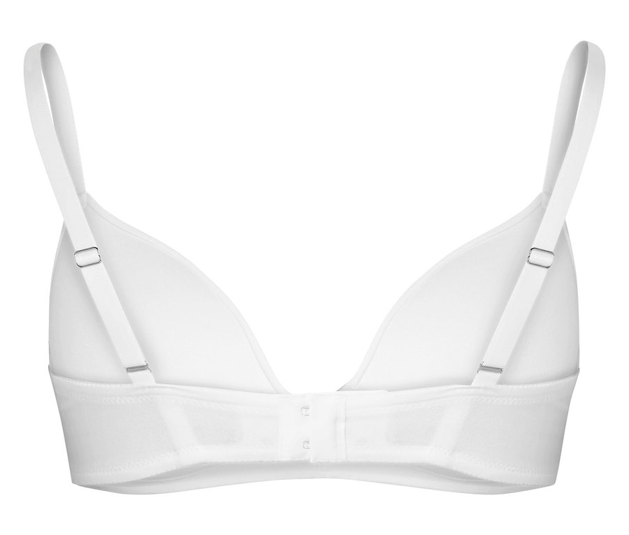 Pohľad zozadu na bielu podprsenku s nastaviteľnými ramienkami a zapínaním na háčiky.
