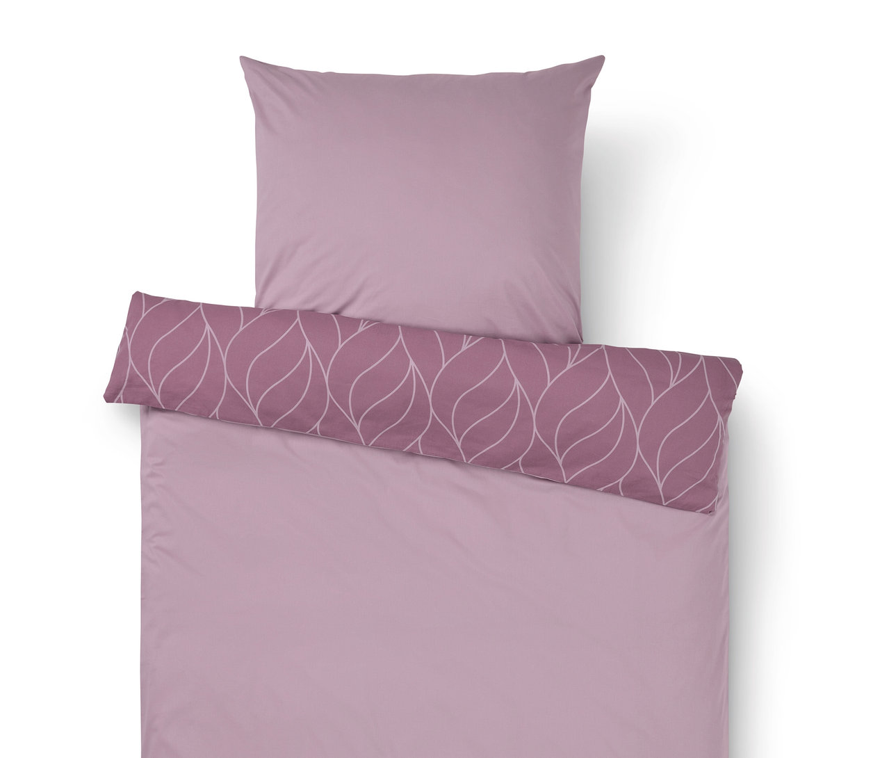 Fialové obliečky s vankúšom a pruhom s bielymi listami.