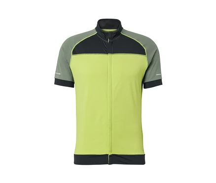 Žltý cyklistický dres s krátkym rukávom, zipsom a čiernymi akcentmi.