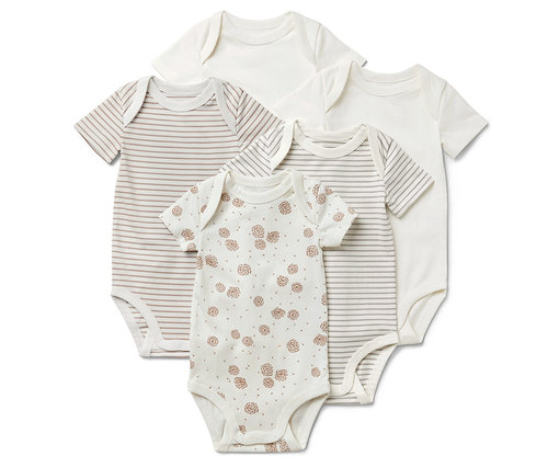 Päť body pre bábätká s krátkym rukávom: dve biele, dve s hnedými prúžkami a jedno s hnedou kvetinovou potlačou.