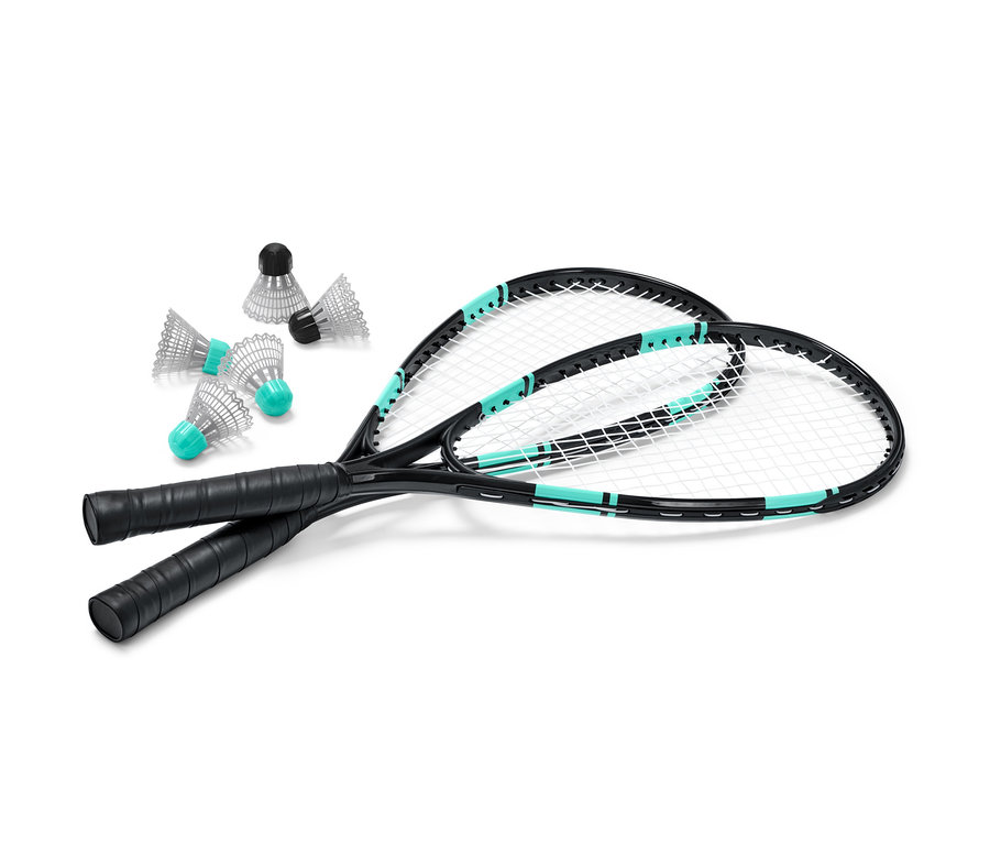 Dve čierne rakety na speed bedminton a päť loptičiek.