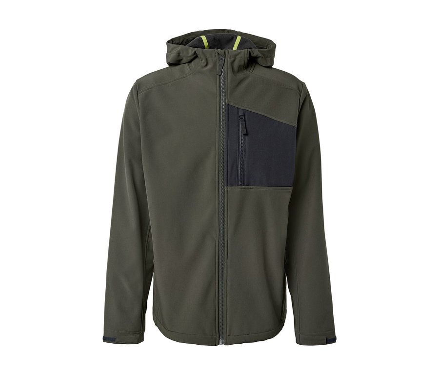 Zelená softshellová bunda so zipsom a kapucňou.