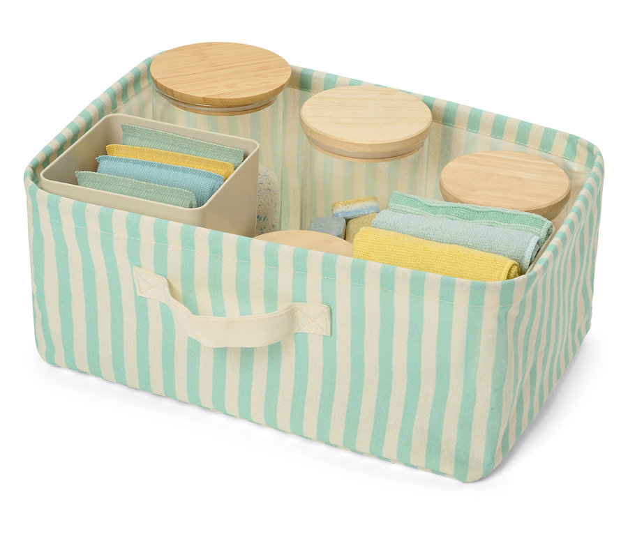 Plochý skladací úložný box s modro-bielym pruhovaním, naplnený pohármi, handrami a organizérom.