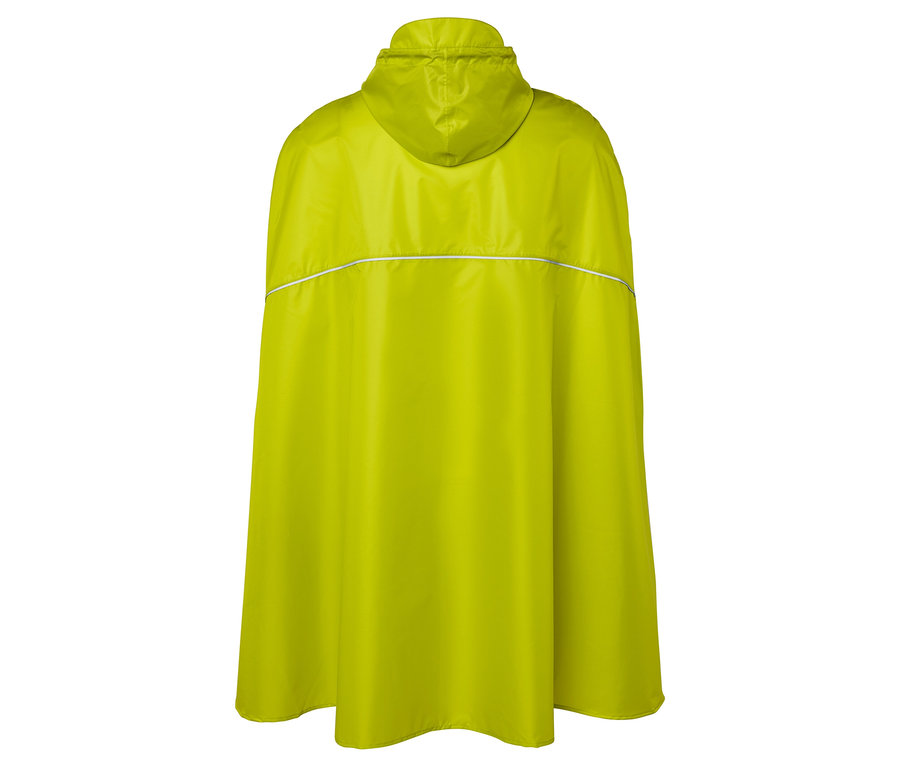Pohľad zozadu na žlté dažďové pončo s kapucňou a reflexným pásom.