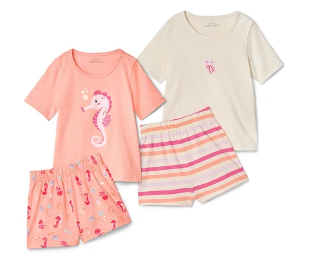 Dve súpravy pyžám Kinder-Shorty-Pyjamas, Seepferdchen, s koralovými šortkami, pruhovanými šortkami a zodpovedajúcimi topmi.