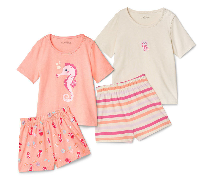 Dve súpravy pyžám Kinder-Shorty-Pyjamas, Seepferdchen, s koralovými šortkami, pruhovanými šortkami a zodpovedajúcimi topmi.