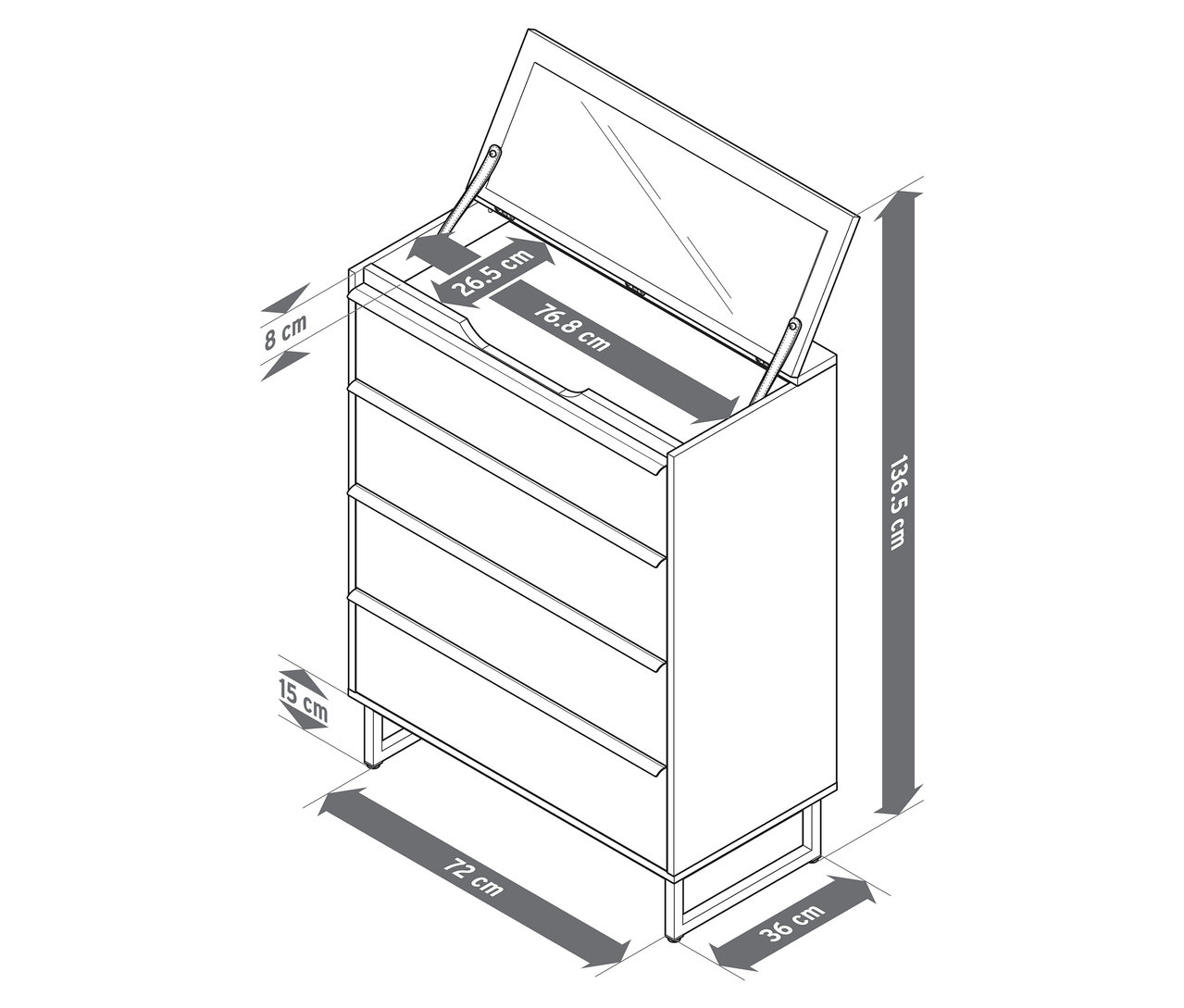 Nákres komody »LEEG« so 4 zásuvkami a zrkadlom, s rozmermi.