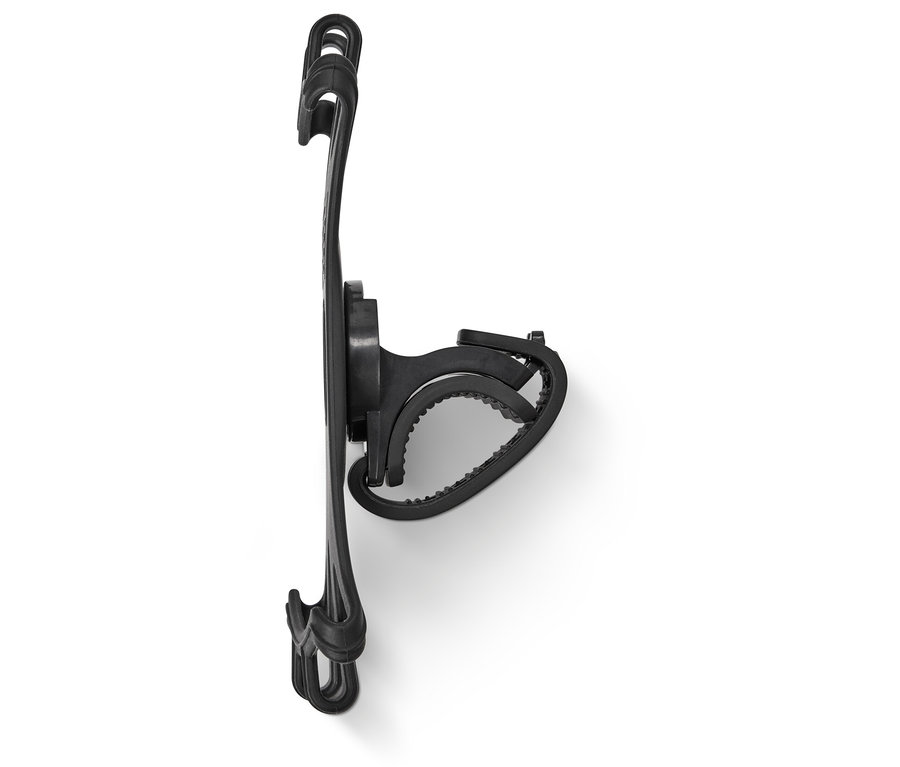 Čierny, flexibilný držiak na mobilný telefón na bielom pozadí.