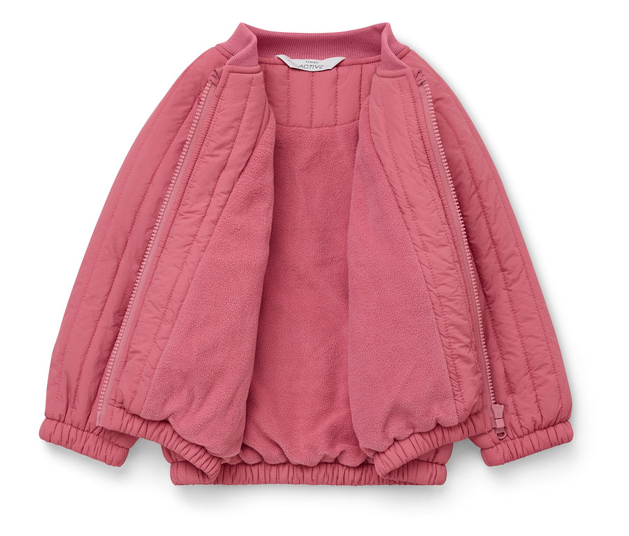 Otvorená, prešívaná, ružová bunda so zipsom a flísovou podšívkou.