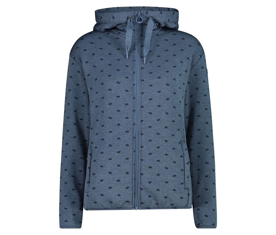 Svetlomodrá mikina so zipsom a kapucňou, zdobená jemným vzorom.