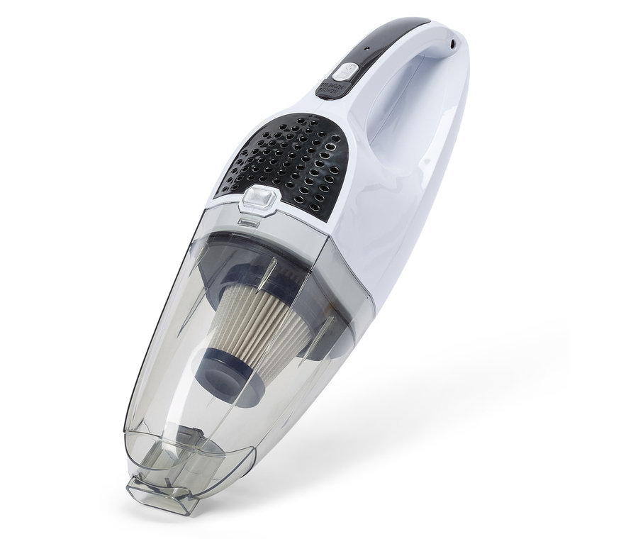 Biely ručný vysávač s priehľadnou nádobou na prach a filtrom na bielom pozadí.