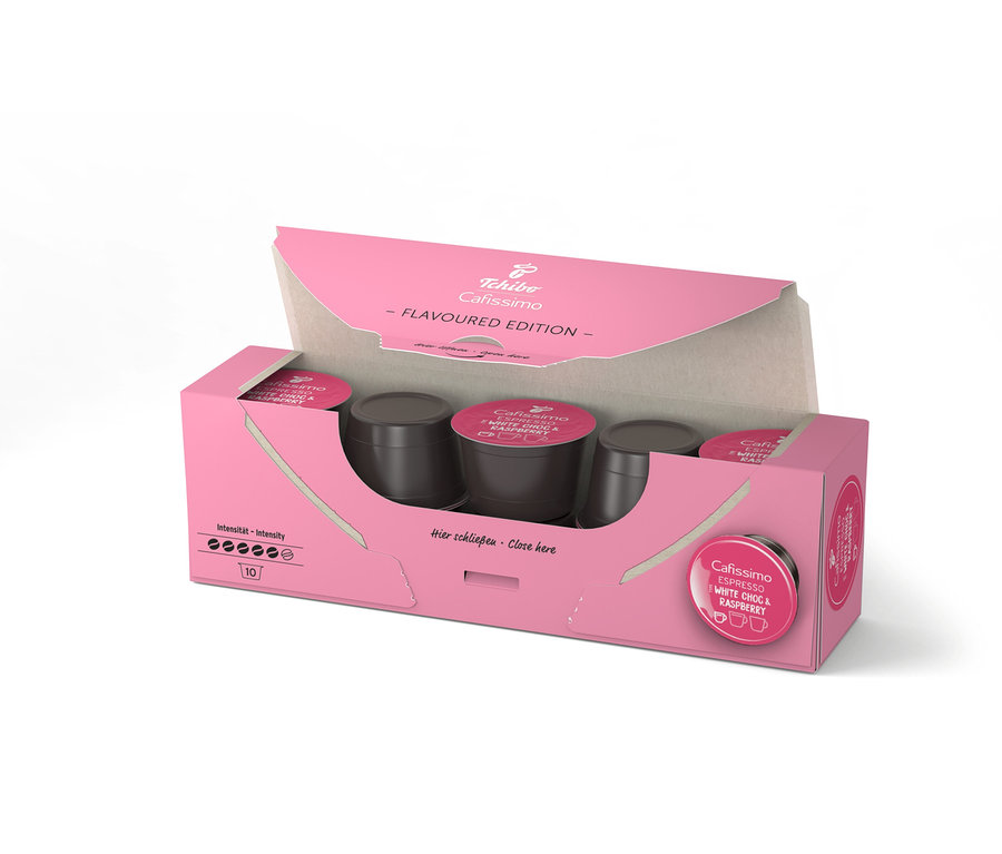 Otvorené ružové balenie Cafissimo Flavoured Espresso - White Choc & Raspberry s desiatimi kapsulami vnútri.