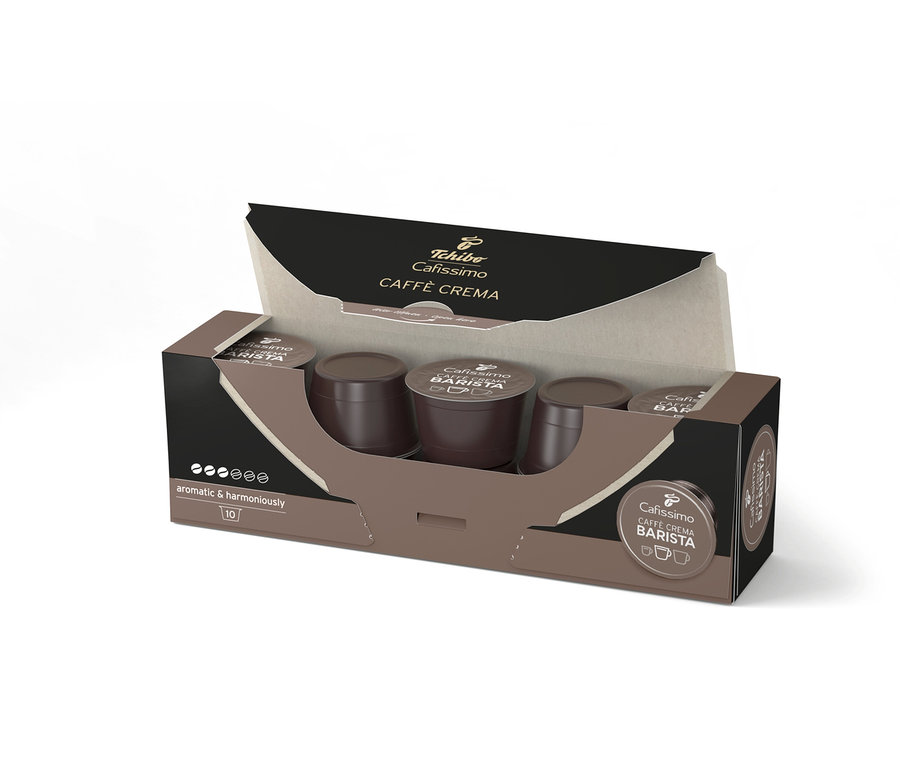 Otvorené balenie kapsúl Cafissimo BARISTA Caffè Crema, viditeľných 10 kusov.