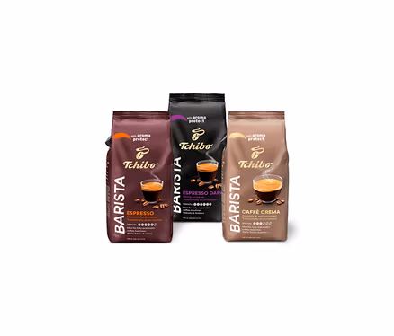 Tri balenia Barista Ochutnávkový set 3kg zrnkovej kávy stoja vedľa seba.