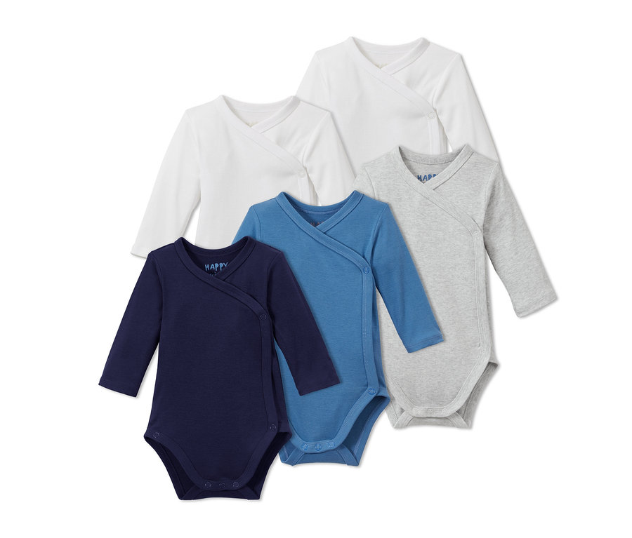 Päť body s dlhým rukávom v bielej, modrej a sivej farbe.