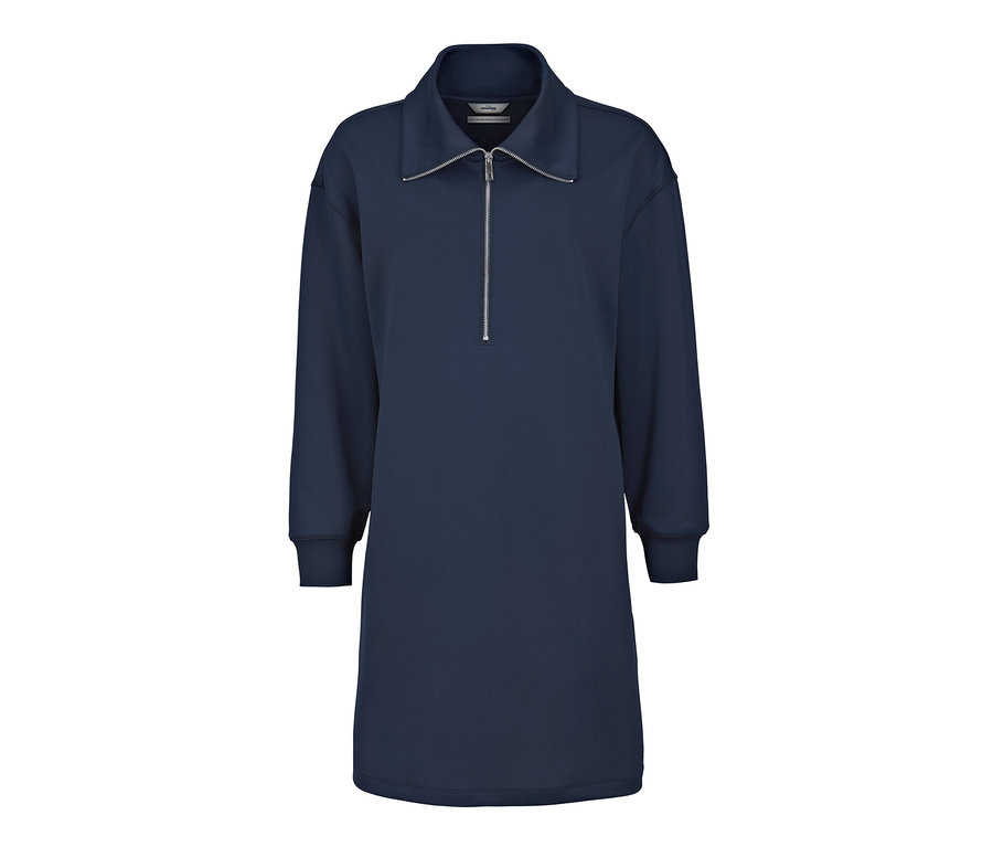 Tmavomodré teplákové šaty s dlhými rukávmi a strieborným zipsom.