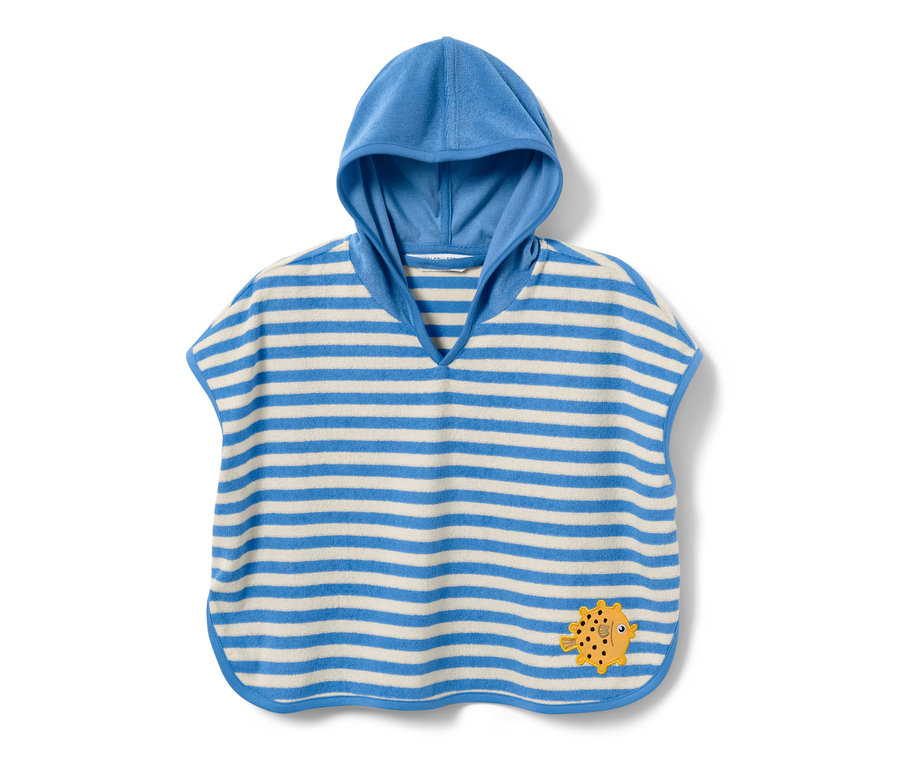 Modré a biele pruhované detské froté pončo s kapucňou a nášivkou žltej ryby.